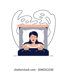 Nightmare disorder concept. Scared woman is waking up from a nightmare, lying in bed and being afraid of ghost. Sleeping disorder, night terror, insomnia for web design. Flat vector illustration