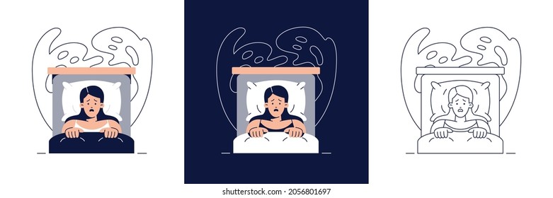 Nightmare disorder illustration set. Scared woman is waking up from a nightmare and lying in bed. Sleeping disorder, insomnia, bad dream concept collection for web, banner design. Modern flat vector