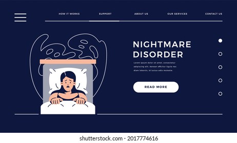Nightmare disorder web template. Scared woman is waking up from a nightmare and lying in bed and being afraid of ghost. Sleeping disorder, insomnia, bad dream for homepage. Flat vector illustration