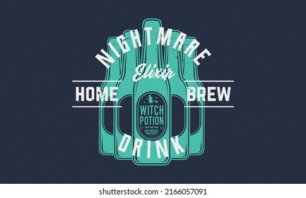 Nightmare Drink logo, poster concept. Vintage Halloween poster with witch drink. Modern design poster. Retro poster for halloween events. Vector illustration