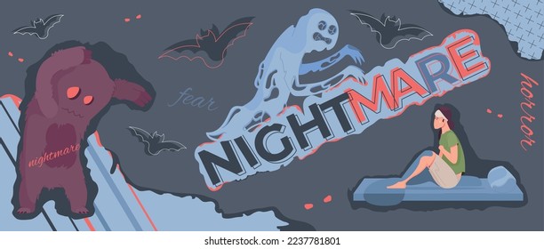 Nightmare flat collage with monsters bats and scared woman sitting on bed in cold sweat vector illustration