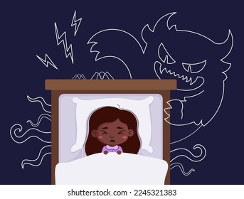 Ilustración vectorial plana nocturna. Una asustada chica afroamericana tiene un mal sueño, tiene miedo de un monstruo de una pesadilla. Trastorno del sueño, insomnio, pesadillas infantiles, concepto de mal sueño.