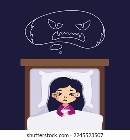 Nightmare flat vector illustration. A frightened Asian girl has a bad dream, she is afraid of a monster from a nightmare. Sleep disorder, insomnia, childhood nightmares, bad dreams concept for web. 