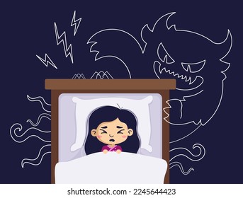 Nightmare flat vector illustration. A frightened Asian girl has a bad dream, she is afraid of a monster from a nightmare. Sleep disorder, insomnia, childhood nightmares, bad dreams concept for web.