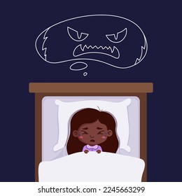 Nightmare flat vector illustration. A frightened African American girl has a bad dream, she is afraid of a monster from a nightmare. Sleep disorder, insomnia, childhood nightmares, bad dreams concept.