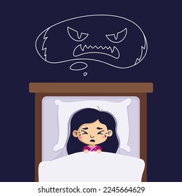 Nightmare flat vector illustration. A frightened Asian girl has a bad dream, she is afraid of a monster from a nightmare. Sleep disorder, insomnia, childhood nightmares, bad dreams concept for web.