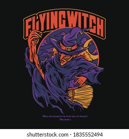 Nightmare Flying Witch Scary Halloween Themes Merch Illustration