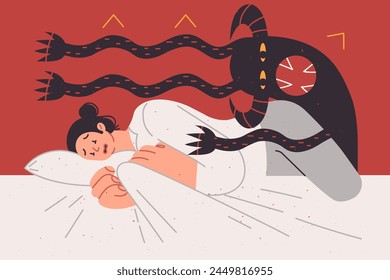 Nightmare of frightened woman lying in bed and feeling attack of multi-armed monster, in need of sleeping pills. Nightmare of girl in need of support to restore sound, healthy sleep