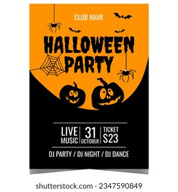 Nightmare Halloween party poster with scary pumpkins, spiders and bats on black-orange background. Halloween party invitation flyer, advertisement banner or leaflet to celebrate the All Saints' Day.