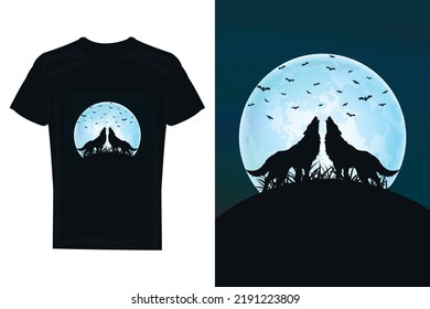 Nightmare or Halloween T-shirt or book cover design. Wolf howling at the moon, night.