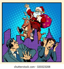 Nightmare holidays Santa Claus on reindeer and panic people retro style pop art