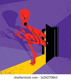 Nightmare monster comes into dark room bedroom vector stylish illustration, funny cartoon ghost creature frightening looking inside, horror theme drawing.