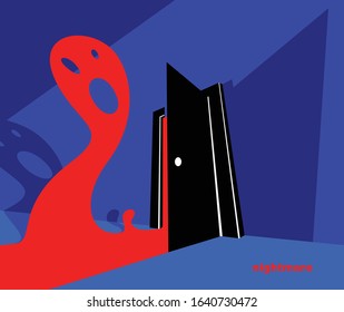 Nightmare monster comes into dark room bedroom vector stylish illustration, funny cartoon ghost creature frightening looking inside, horror theme drawing.