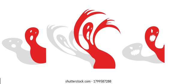 Nightmare monster comes into dark room bedroom vector stylish illustration, funny cartoon ghost creature frightening looking inside, horror theme drawing.