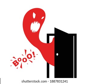 Nightmare monster comes into dark room bedroom vector stylish illustration, funny cartoon ghost creature frightening looking inside, horror theme drawing.