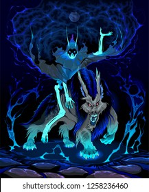 Nightmare from the moon. Werewolf and glowing skeleton in a nocturnal scene, vector horror fantasy illustration