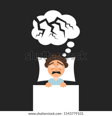Nightmare - person is sleeping in the bed and having bad dream - spooky, frightening and horrifying vision during sleep. Vector illustration.