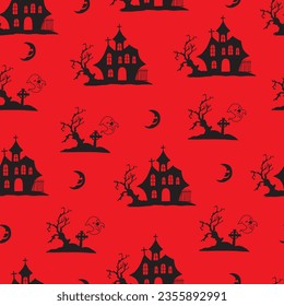 Nightmare Retreat Halloween Haunts Manor Vector Pattern can be use for background and apparel design