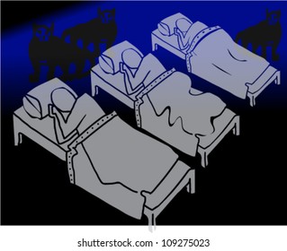 Nightmare scene in campus bedroom, depicting black cats and campers