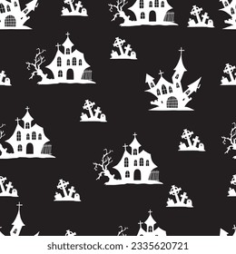 Nightmare Shadows Village Landscape Vector Seamless Pattern can be use for background and apparel design