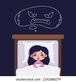 Nightmare vector illustration. Frightened girl character has a bad dream, is scared of monster from nightmare. Sleeping disorder, insomnia, childhood nightmares, bad dream concept for web. Flat design