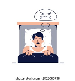 Nightmare vector illustration. Frightened man character has a bad dream, is scared of monster from nightmare. Sleeping disorder, insomnia, adult nightmares, bad dream concept for web. Flat design