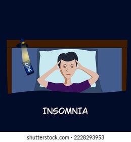 Nightmare vector illustration. Frightened man character has a bad dream, is scared of monster from nightmare. Sleeping disorder, insomnia, adult nightmares, bad dream concept for web. Flat design