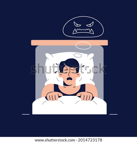 Nightmare vector illustration. Frightened man character has a bad dream, is scared of monster from nightmare. Sleeping disorder, insomnia, adult nightmares, bad dream concept for web. Flat design