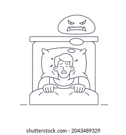 Nightmare vector illustration. Man character has a bad dream, is scared of monster from nightmare. Line art design, editable stroke. Sleeping disorder, adult nightmares, bad dream concept for web