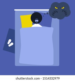Nightmare. Young black female character sleeping in bed, Night time. Monster. Stress. Modern lifestyle. Flat editable vector illustration, clip art