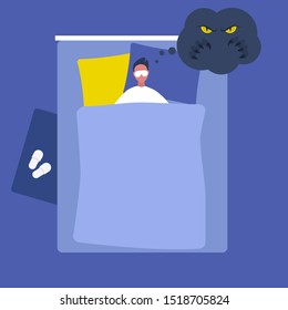 Nightmare. Young male character sleeping in bed, Night time. Monster. Stress. Modern lifestyle. Flat editable vector illustration, clip art