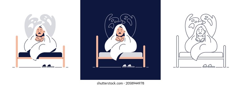 Nightmares in Children vector illustration set. Scared boy hides under blanket from ghost, frightened of monster from bad dream. Childish fears, kids nightmares concept collection for web flat design