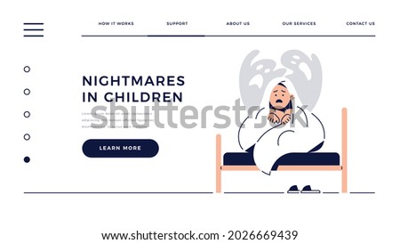 Nightmares in Children web template. Scared boy hides under blanket from ghost, child is frightened of monster from bad dream. Childhood fears, Kids nightmares for homepage. Flat vector illustration