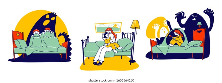 Nightmares Concept. Scared Children Sitting on Bed Hiding from Frightening Ghost under Blanket. Fearful Kids and Imaginary Monster. Mother Calm Down Son. Cartoon Flat Vector Illustration Linear