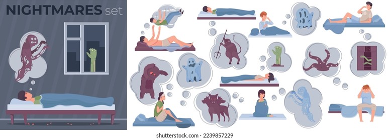 Nightmares flat composition set with night fears and people waking up in cold sweat isolated vector illustration