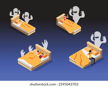 Nightmares and Sleep Paralysis - Isometric Illustration of People Experiencing Night Terrors 3d flat vector illustrations