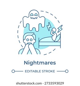 Nightmares soft blue concept icon. Night terrors. Anxiety disorder, sleep disturbance. Round shape line illustration. Abstract idea. Graphic design. Easy to use in brochure, booklet