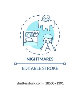 Nightmares turquoise concept icon. Night terrors. Healthcare problem. Anxiety and stress. Sleep disorder idea thin line illustration. Vector isolated outline RGB color drawing. Editable stroke