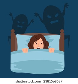 Nightmares. Woman  feels fear, anxiety and confusion in bed. Scary monsters, creepy shadows in dark room.Vector illustration.