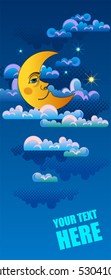 Night's vertical banner. Yellow moon sleeping on clouds.