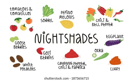 Nightshades vegetables, fruit and seasoning which is needed to be avoid on autoimmune protocol, FODMAP diet or anti-inflammatory nutrition. Vector isolated infographics banner.