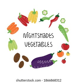 Nightshades vegetables like hot chili pepper, capsicum, white potato, eggplant, okra and tomatoes in frame with hand lettering. Vector isolated illustration.