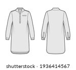 Nightshirt dress Sleepwear Pajama technical fashion illustration with knee length, classic henley collar, cuff long sleeves. Flat apparel front back, grey color style. Women, men unisex CAD mockup