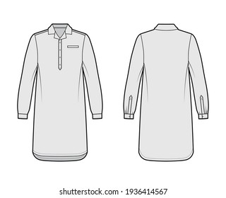 Nightshirt dress Sleepwear Pajama technical fashion illustration with knee length, classic henley collar, cuff long sleeves. Flat apparel front back, grey color style. Women, men unisex CAD mockup