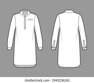 Nightshirt dress Sleepwear Pajama technical fashion illustration with knee length, classic henley collar, cuff long sleeves. Flat apparel front back, white color style. Women, men unisex CAD mockup