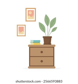 Nightstand with books and flower pot. Interior, illustration in flat style.