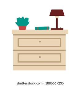 Nightstand with books, home plant and lamp Flash vector illustration