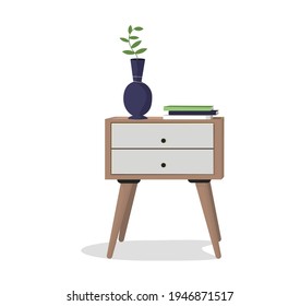 Una mesa de noche con cajones, un montón de libros y un jarrón con objetos de madera. Un elemento interior. Diseño, diseño, ilustración, impresión. Ilustración vectorial.