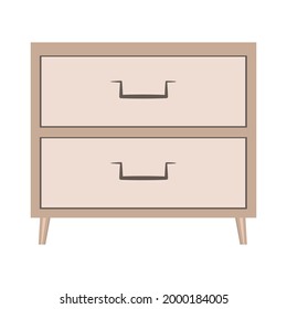 Nightstand with drawers. Wooden bedside table in flat design for bedroom interior. Wooden brown furniture. Square wardrobe with drawers. Flat isolated illustration on white background