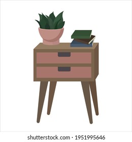 A nightstand with a flower and books isolated on a white background. A brown bedside table with pink drawers and a pink flower pot. Chest of drawers for the interior of a bedroom, living room